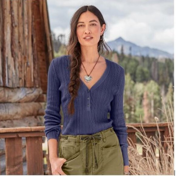 Averie Organic Cotton Rib Henley in Navy/Purple from Sundance - Size Small - NWT - Picture 1 of 5